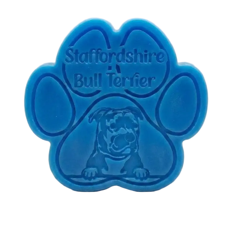 Blue paw-shaped Wax Melt with 'Staffordshire Bull Terrier' text on a beige background