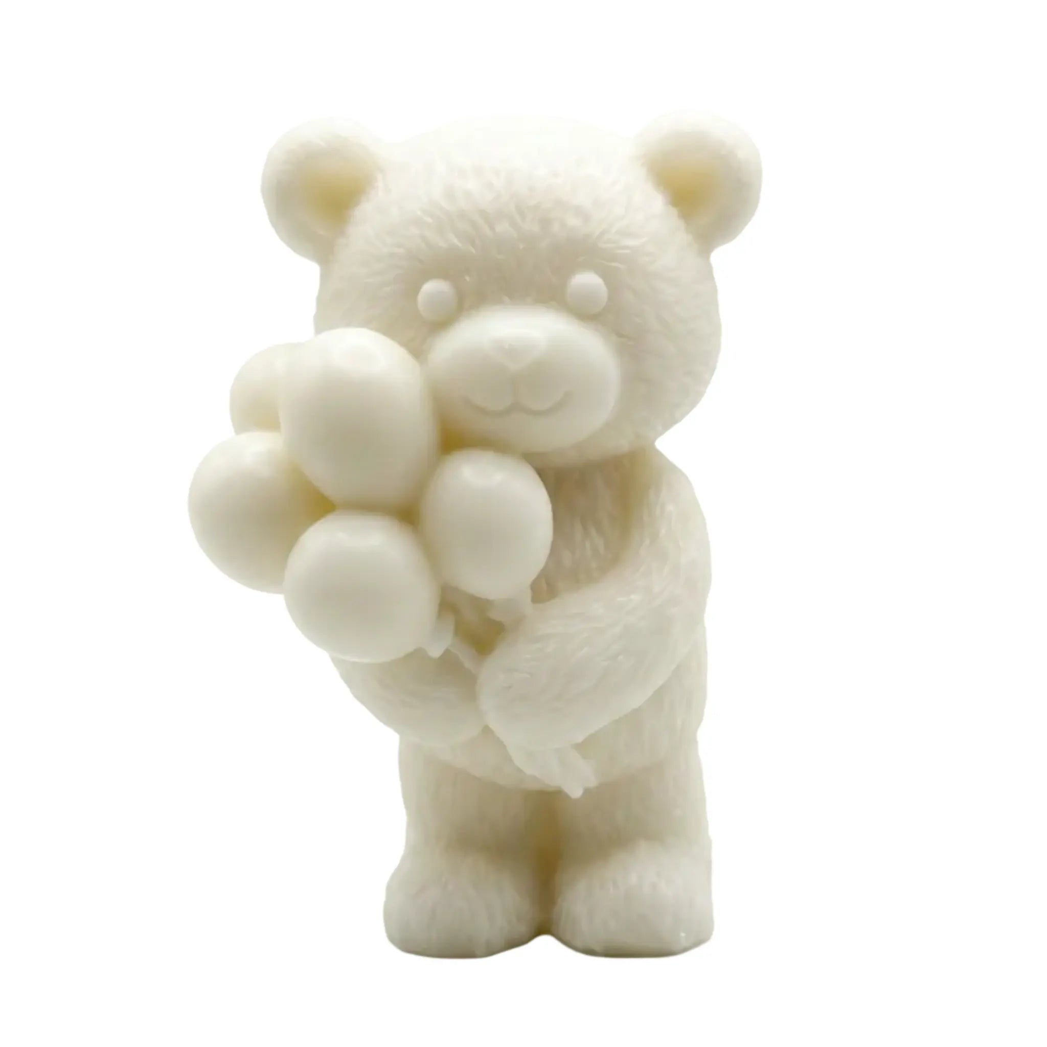An off-white teddy bear WAX MELT CANDLE holding a small bouquet of round balloons, set against a plain white background.