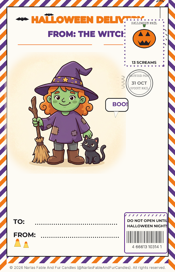 Halloween-themed greeting card or postcard design with a witch illustration, orange and purple striped border, and printed text including 'HALLOWEEN DELIVERY', 'FROM: THE WITCH', and a barcode box at the bottom right.