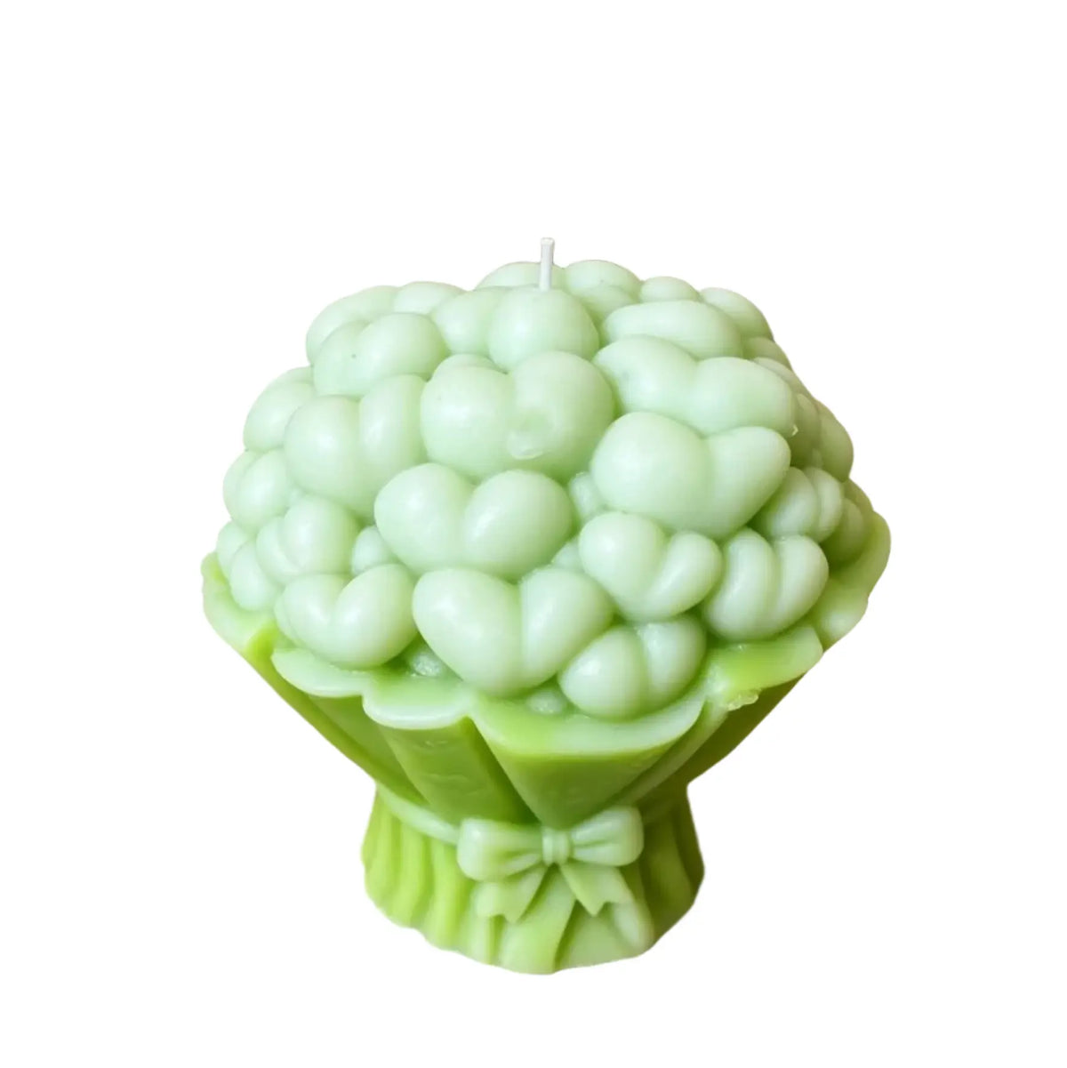 A novelty candle shaped like a bouquet of light green, bubble-textured flowers with a small white wick, set against a plain white background.