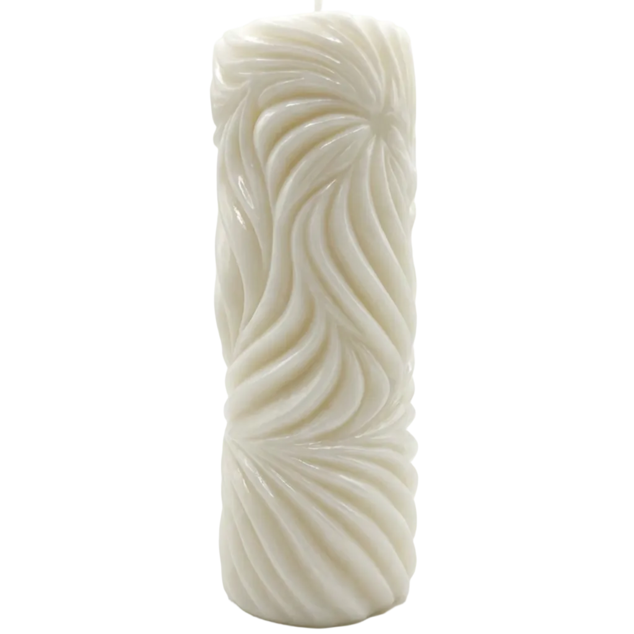 A tall, cylindrical pillar candle with a sculpted, swirling ribbed pattern, finished in a warm off-white/ivory color, set against a seamless light gray studio background.