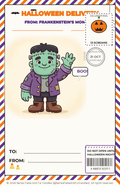 Halloween-themed greeting card or gift card design featuring a cartoon Frankenstein's monster waving, with orange and purple striped border, postage stamp graphics, and fill-in lines for To and From.
