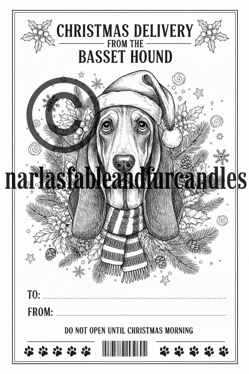A black and white Christmas-themed delivery card or envelope design featuring an illustration of a basset hound wearing a Santa hat and striped scarf, surrounded by holiday foliage and snowflakes. Text reads 'Christmas Delivery from the Basset Hound' with blank 'To:' and 'From:' fields and a barcode at the bottom.