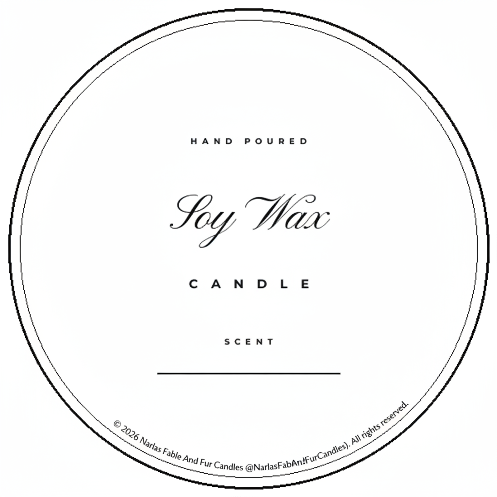 A round white label for a soy wax candle with black text reading 'HAND POURED', 'Soy Wax CANDLE', and 'SCENT', framed by a double circular border on a white background.