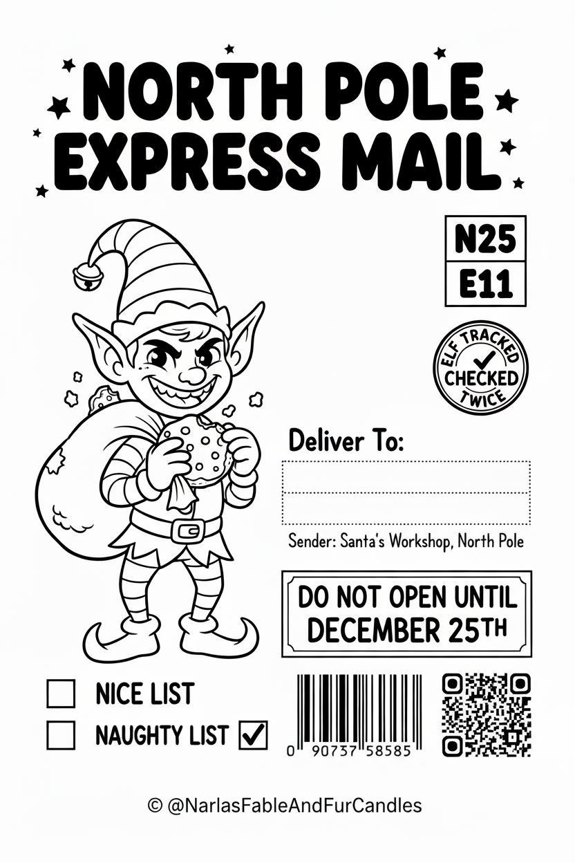 Black and white North Pole Express Mail stamp design featuring a cartoon elf carrying a sack, delivery fields, a 'Do Not Open Until December 25th' box, and a barcode.