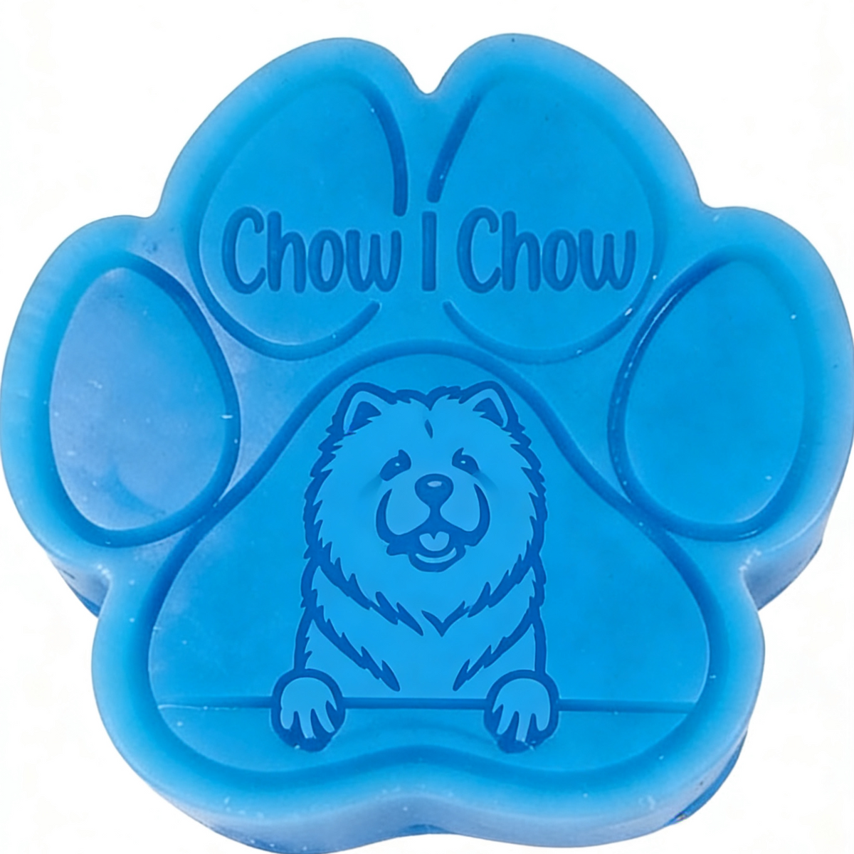 Blue paw-shaped cookie cutter with 'Chow I Chow' text and dog illustration on a white background