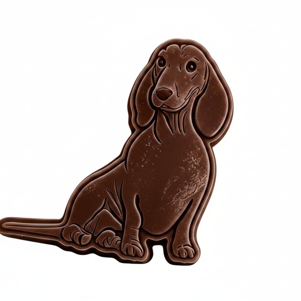 Chocolate dachshund figurine in a wicker basket with dimensions displayed.