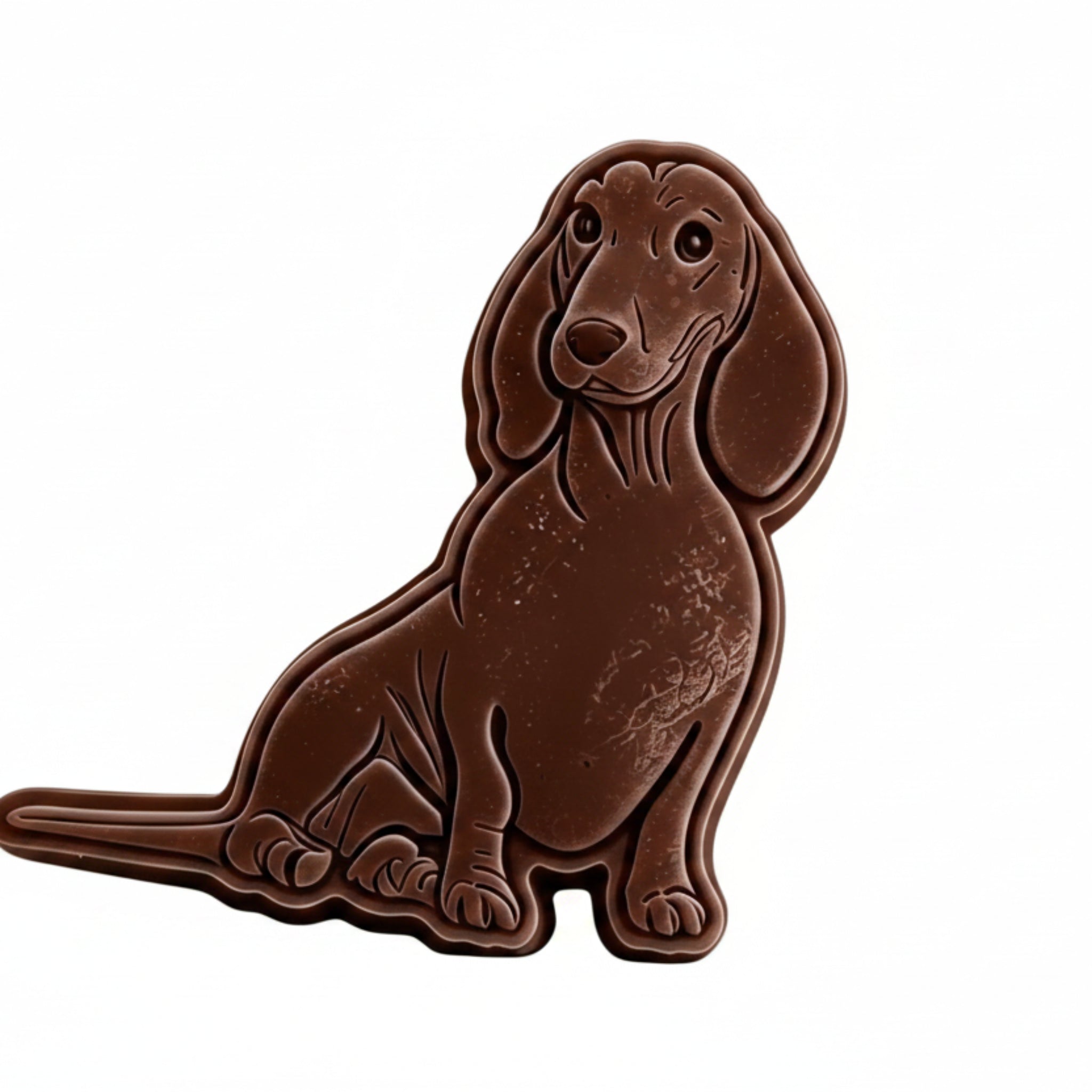 Chocolate dachshund figurine in a wicker basket with dimensions displayed.