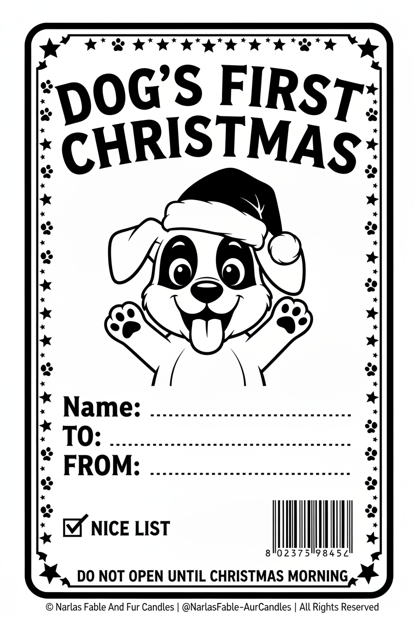 A black and white printable-style Christmas gift tag with the text 'DOG'S FIRST CHRISTMAS' above a cartoon dog wearing a Santa hat. The tag includes fields for Name, To, From, a checked box labeled NICE LIST, and a barcode, with decorative paw-print and star border details.