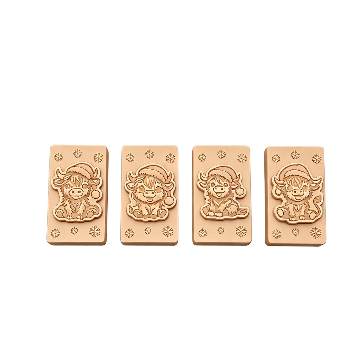 Four rectangular wax melt blocks  pieces arranged in a row on a white background with a faint gray grid. Each piece features a carved animal face and small decorative motifs.