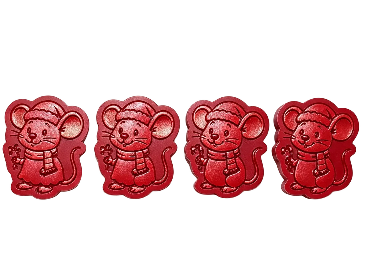 Four red mouse-shaped decorative items arranged in a row on a white and gray checkered background.