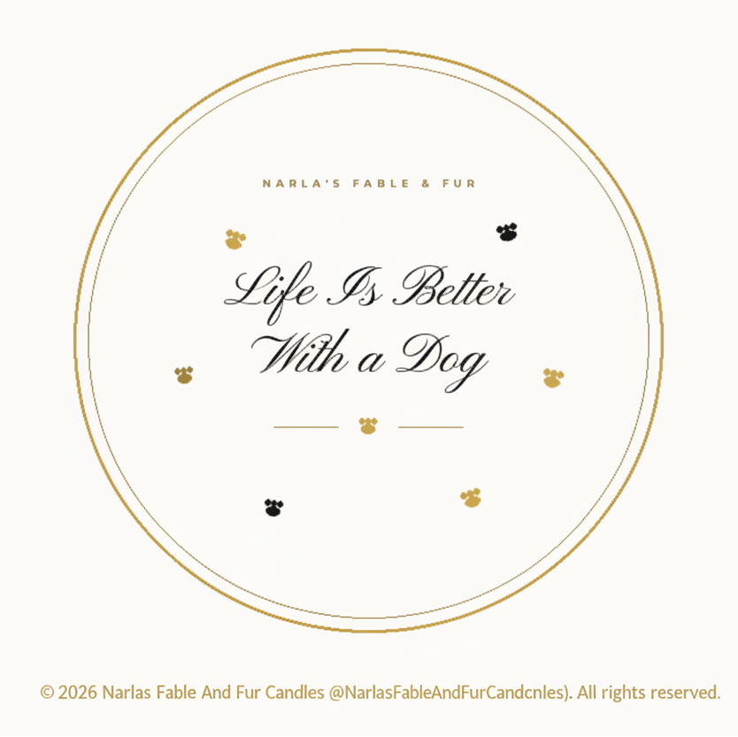 A circular graphic design with a gold border on a cream background, featuring the text 'NARLA'S FABLE & FUR' and 'Life Is Better With a Dog' in black script, accented with small gold and black paw prints.